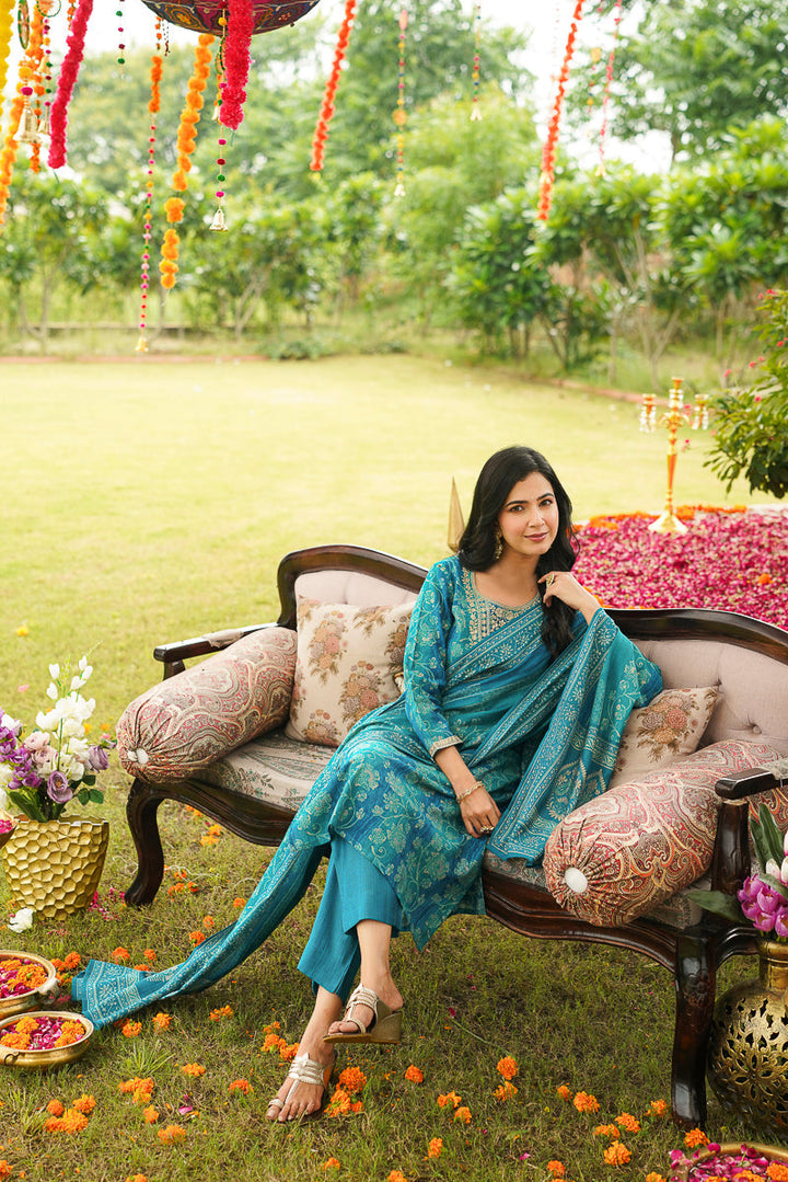 Blue Viscose Rayon Solid Embroidered Straight Kurta Trousers With Dupatta | SHOBITAM