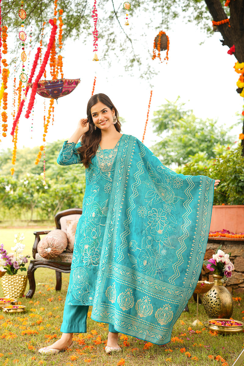 Blue Viscose Rayon Floral Embroidered Straight Kurta Trousers With Dupatta | SHOBITAM