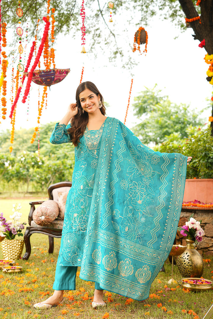 Blue Viscose Rayon Floral Embroidered Straight Kurta Trousers With Dupatta | SHOBITAM