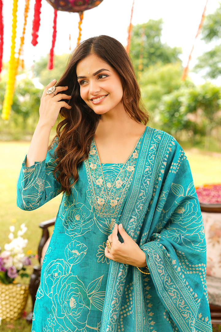 Blue Viscose Rayon Floral Embroidered Straight Kurta Trousers With Dupatta | SHOBITAM