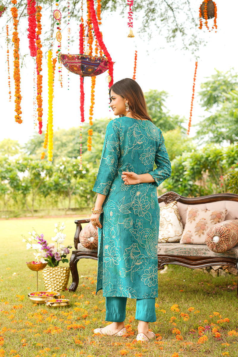 Blue Viscose Rayon Floral Embroidered Straight Kurta Trousers With Dupatta | SHOBITAM