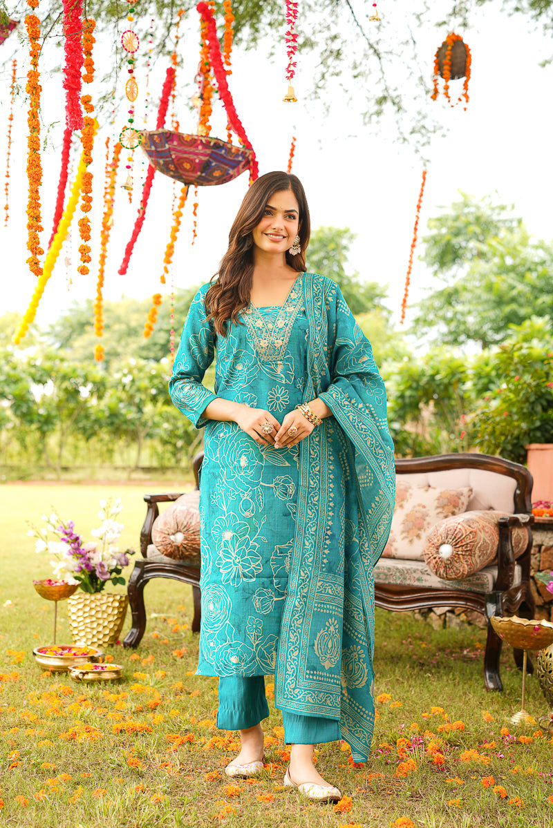 Blue Viscose Rayon Floral Embroidered Straight Kurta Trousers With Dupatta | SHOBITAM