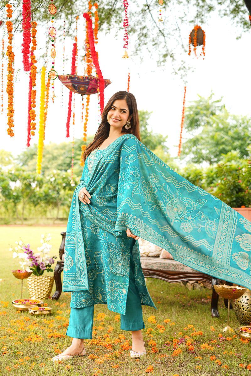 Blue Viscose Rayon Floral Embroidered Straight Kurta Trousers With Dupatta | SHOBITAM