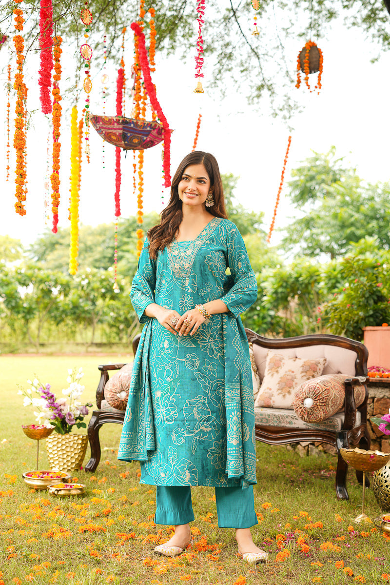 Blue Viscose Rayon Floral Embroidered Straight Kurta Trousers With Dupatta | SHOBITAM