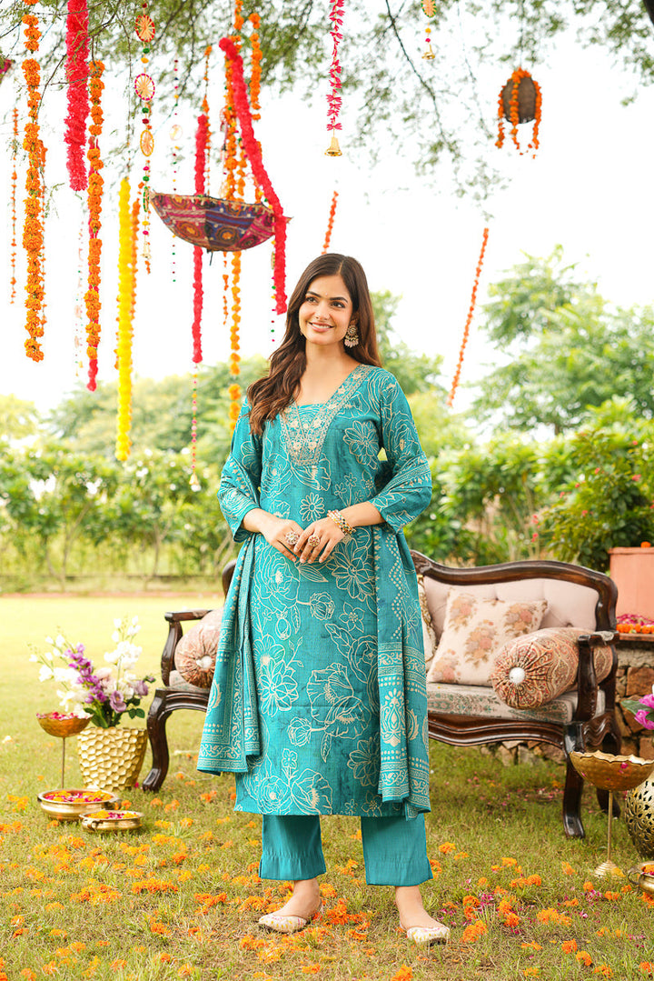 Blue Viscose Rayon Floral Embroidered Straight Kurta Trousers With Dupatta | SHOBITAM