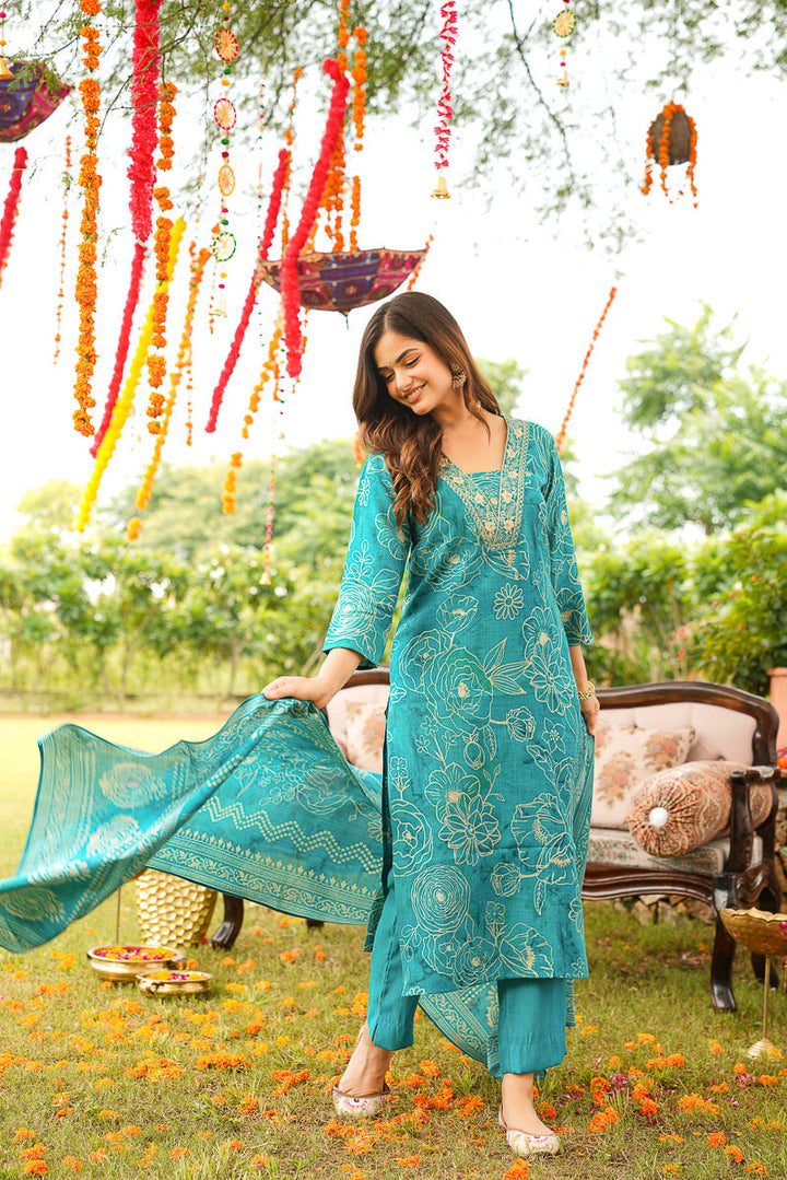 Blue Viscose Rayon Floral Embroidered Straight Kurta Trousers With Dupatta | SHOBITAM