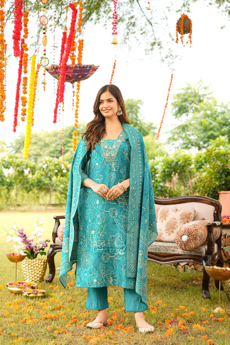 Blue Viscose Rayon Floral Embroidered Straight Kurta Trousers With Dupatta | SHOBITAM