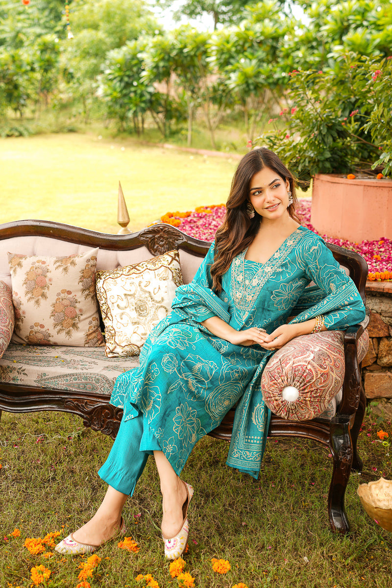 Blue Viscose Rayon Floral Embroidered Straight Kurta Trousers With Dupatta | SHOBITAM