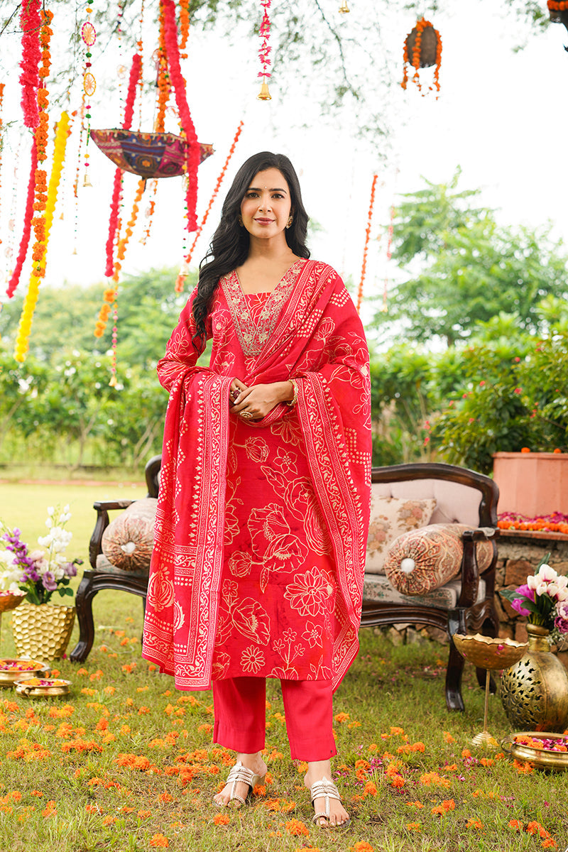 Red Viscose Rayon Floral Embroidered Straight Kurta Trousers With Dupatta | SHOBITAM