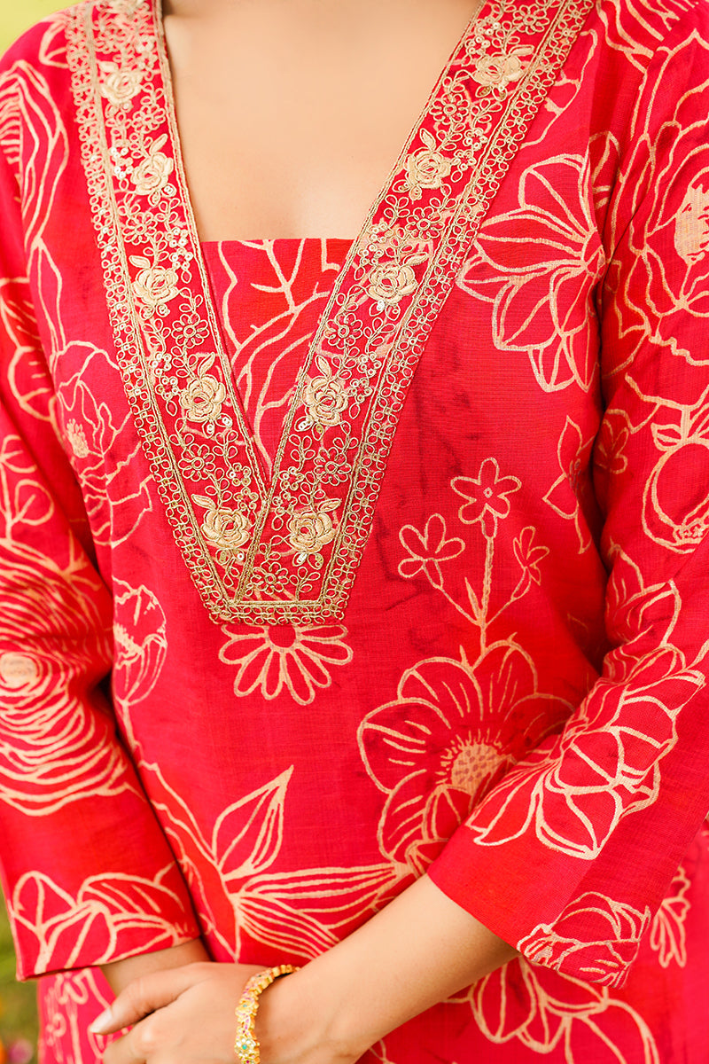 Red Viscose Rayon Floral Embroidered Straight Kurta Trousers With Dupatta | SHOBITAM
