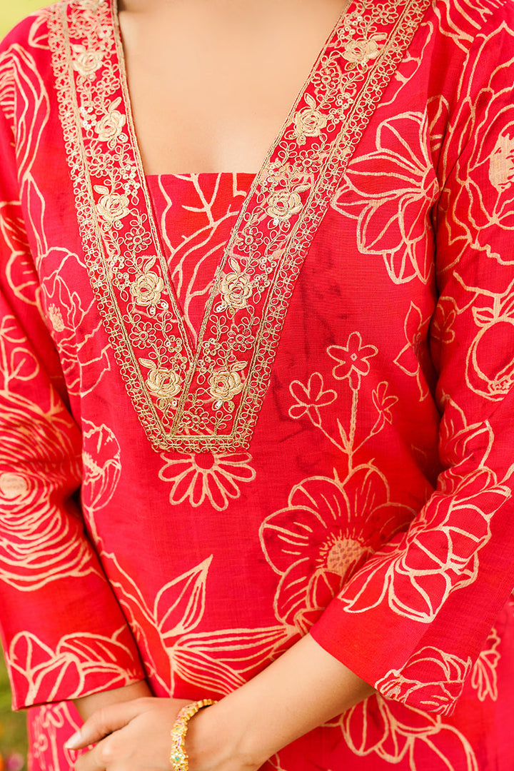 Red Viscose Rayon Floral Embroidered Straight Kurta Trousers With Dupatta | SHOBITAM