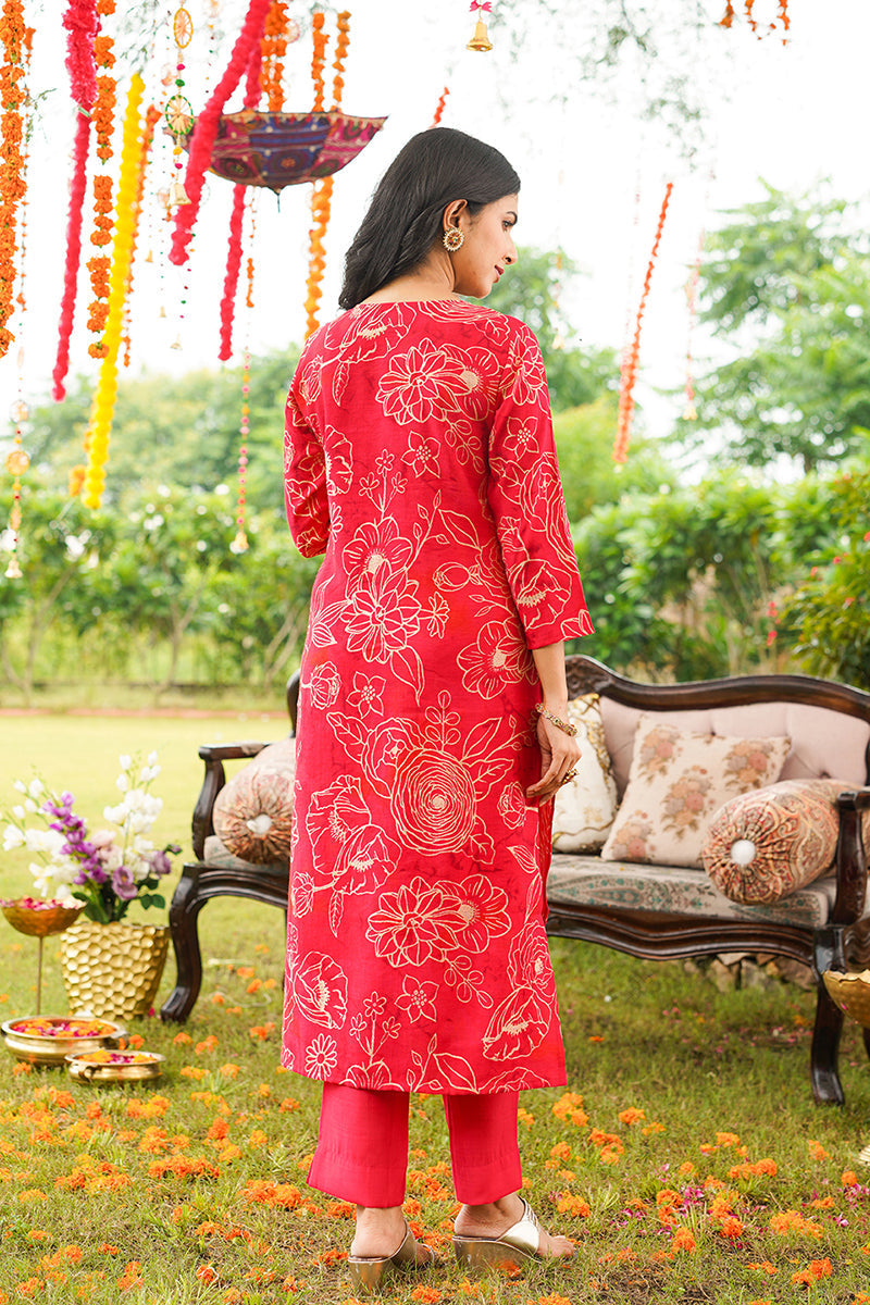 Red Viscose Rayon Floral Embroidered Straight Kurta Trousers With Dupatta | SHOBITAM