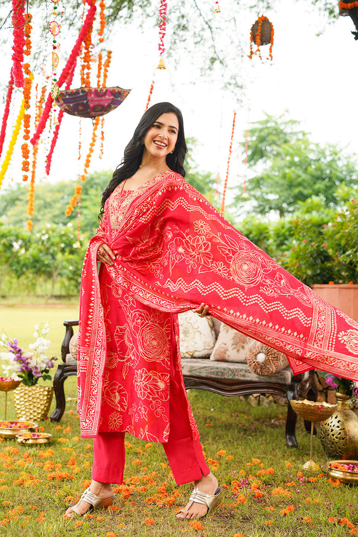 Red Viscose Rayon Floral Embroidered Straight Kurta Trousers With Dupatta | SHOBITAM