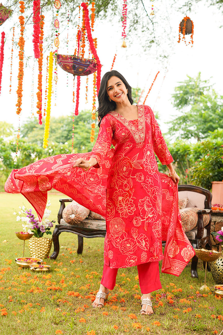 Red Viscose Rayon Floral Embroidered Straight Kurta Trousers With Dupatta | SHOBITAM