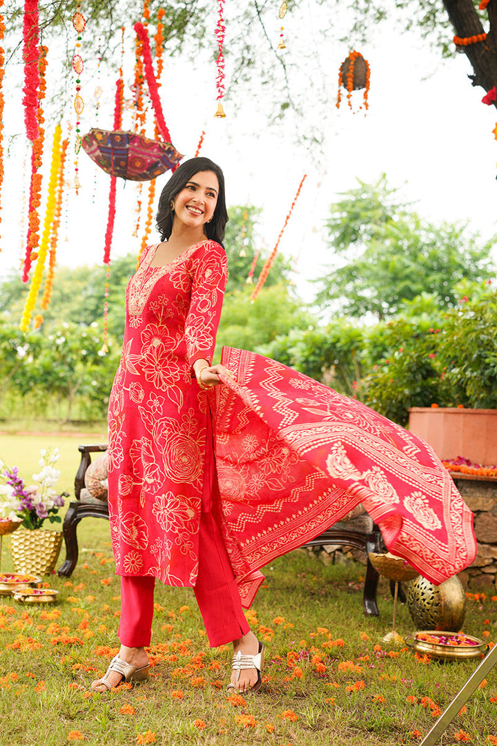 Red Viscose Rayon Floral Embroidered Straight Kurta Trousers With Dupatta | SHOBITAM