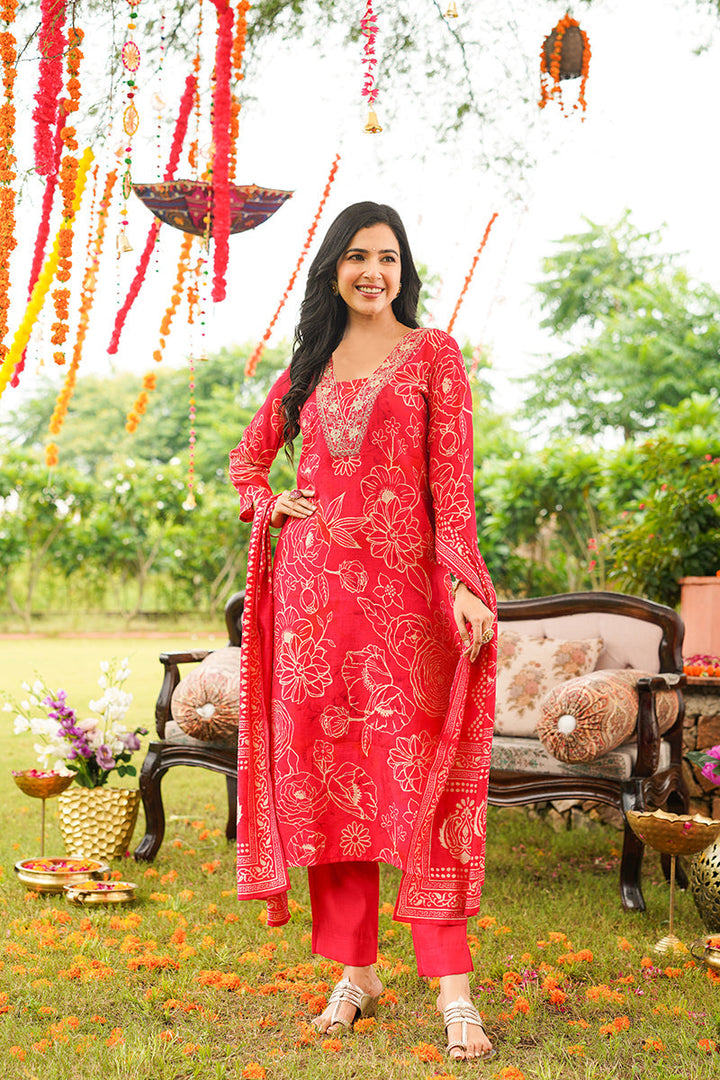 Red Viscose Rayon Floral Embroidered Straight Kurta Trousers With Dupatta | SHOBITAM