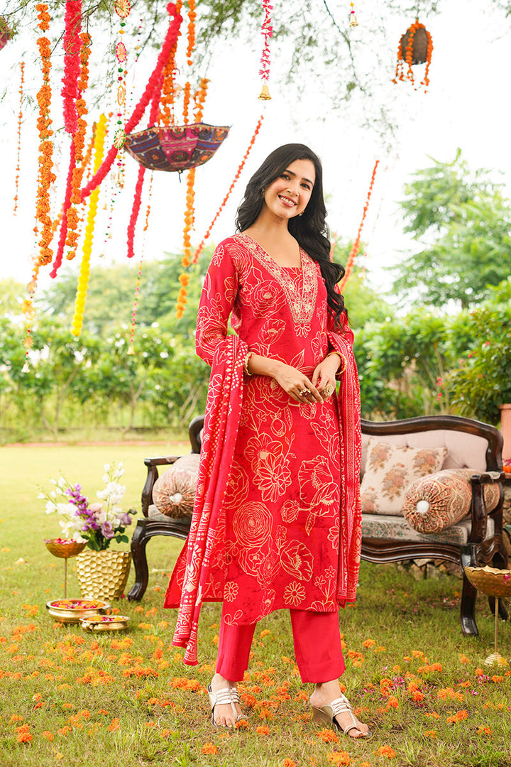 Red Viscose Rayon Floral Embroidered Straight Kurta Trousers With Dupatta | SHOBITAM