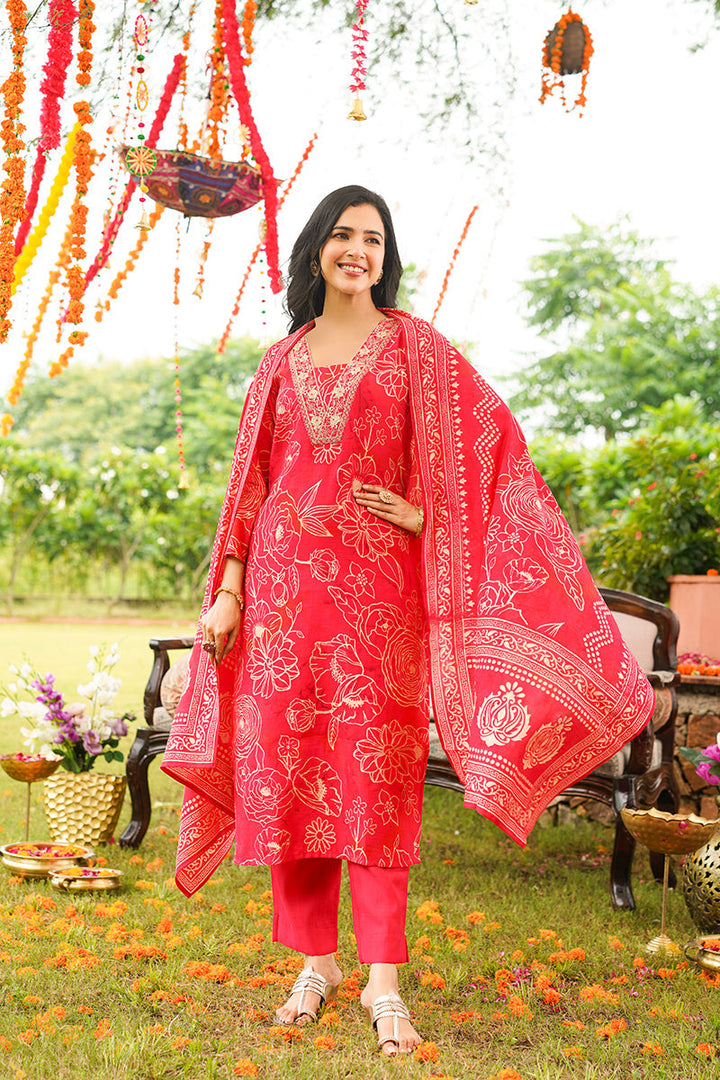 Red Viscose Rayon Floral Embroidered Straight Kurta Trousers With Dupatta | SHOBITAM