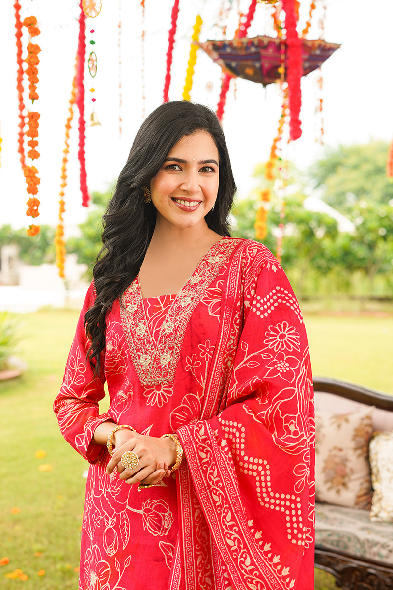 Red Viscose Rayon Floral Embroidered Straight Kurta Trousers With Dupatta | SHOBITAM