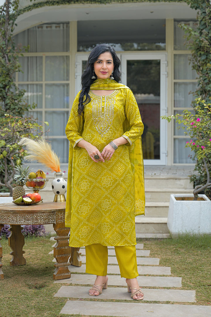 Yellow Silk Blend Bandhani Embroidered Straight Kurta Trousers With Dupatta | SHOBITAM