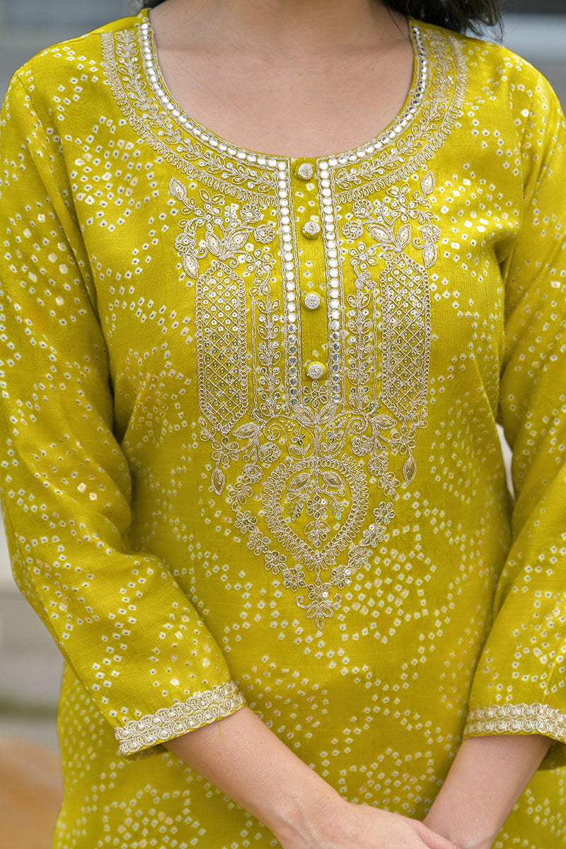 Yellow Silk Blend Bandhani Embroidered Straight Kurta Trousers With Dupatta | SHOBITAM