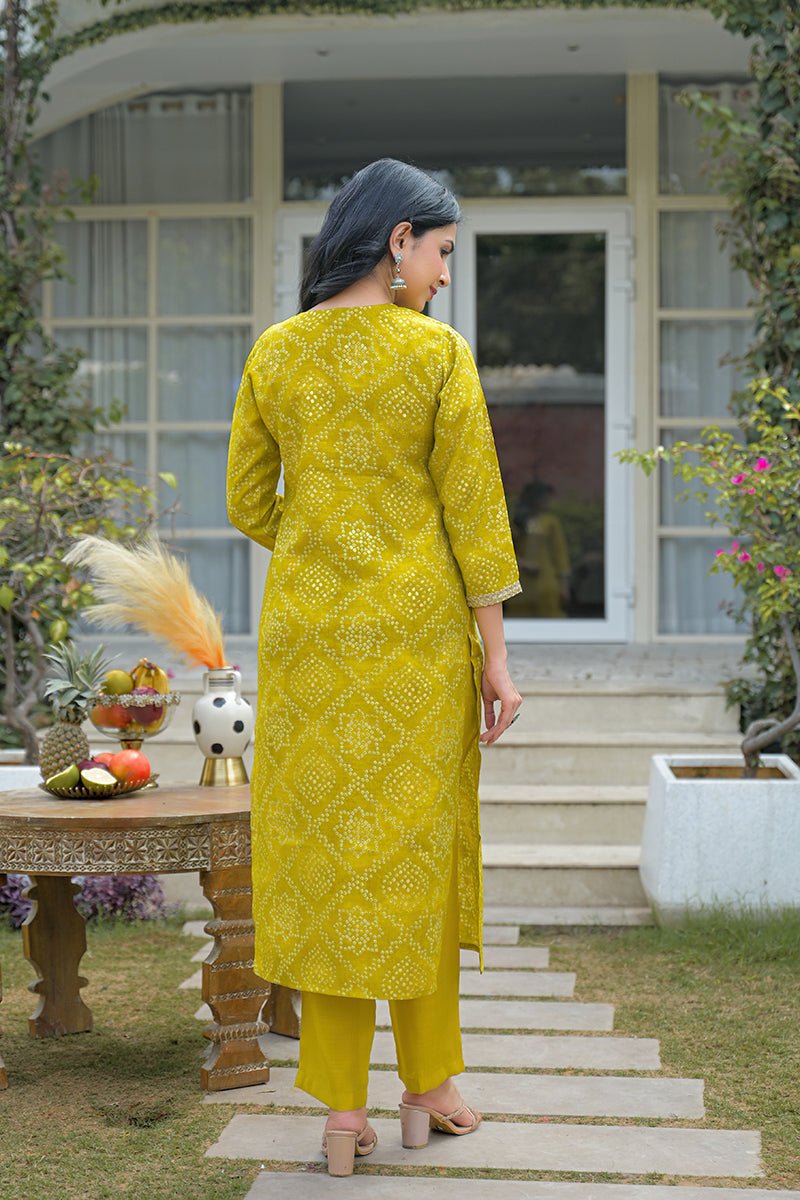 Yellow Silk Blend Bandhani Embroidered Straight Kurta Trousers With Dupatta | SHOBITAM