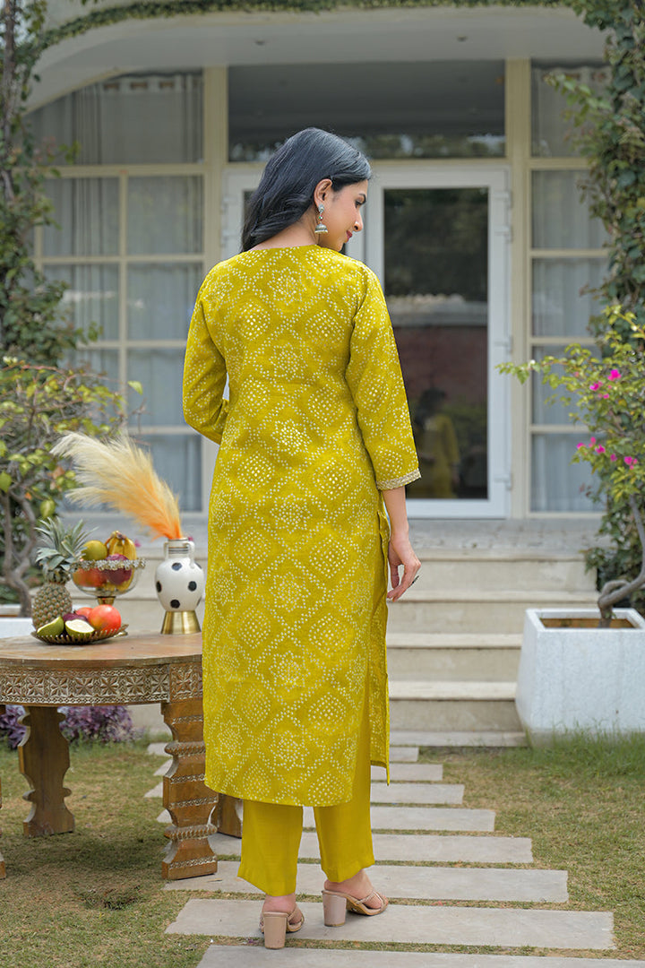 Yellow Silk Blend Bandhani Embroidered Straight Kurta Trousers With Dupatta | SHOBITAM