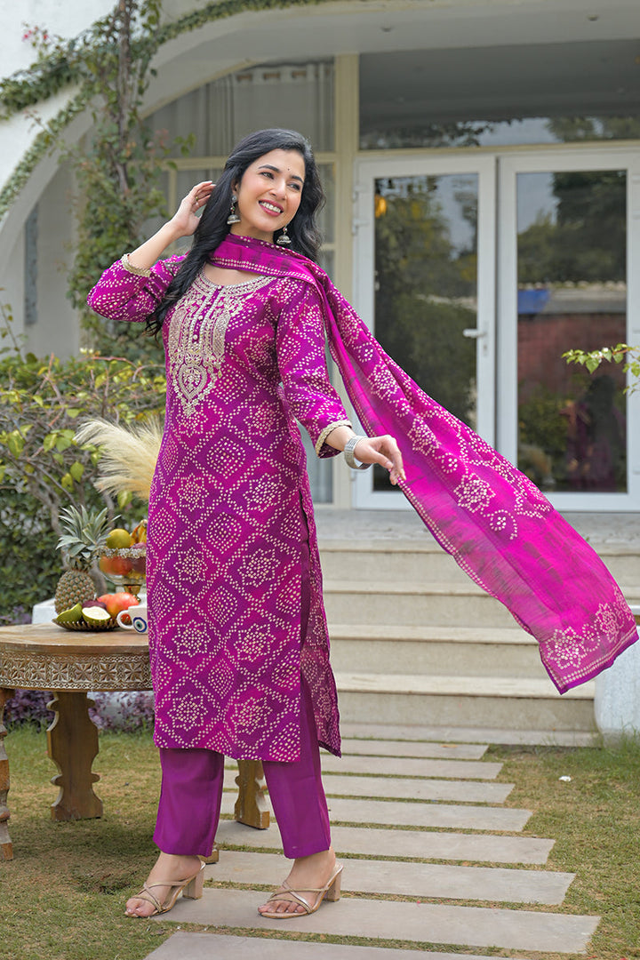 Purple Silk Blend Bandhani Embroidered Straight Kurta Trousers With Dupatta | SHOBITAM