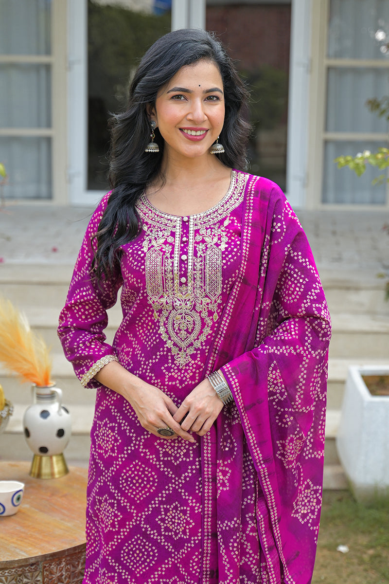 Purple Silk Blend Bandhani Embroidered Straight Kurta Trousers With Dupatta | SHOBITAM