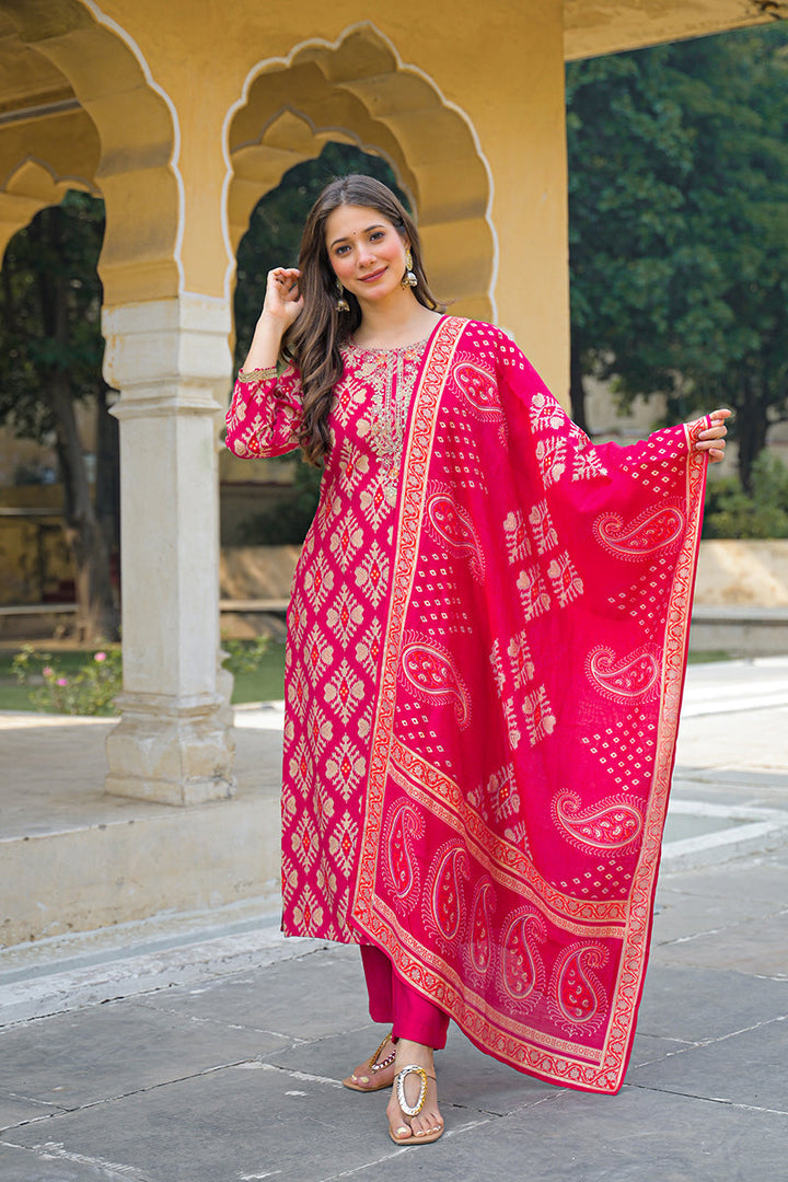 Pink Viscose Ikat Embroidered Straight Kurta Trousers With Dupatta | SHOBITAM