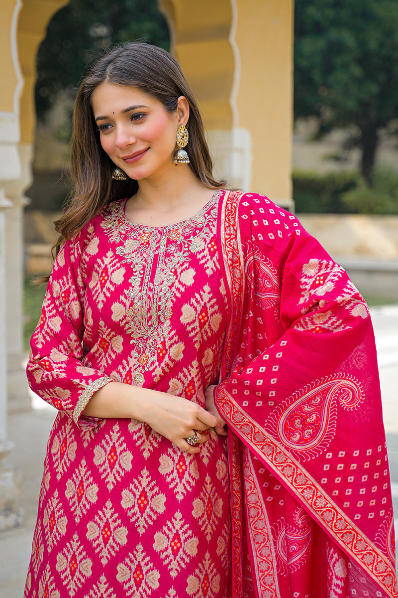 Pink Viscose Ikat Embroidered Straight Kurta Trousers With Dupatta | SHOBITAM