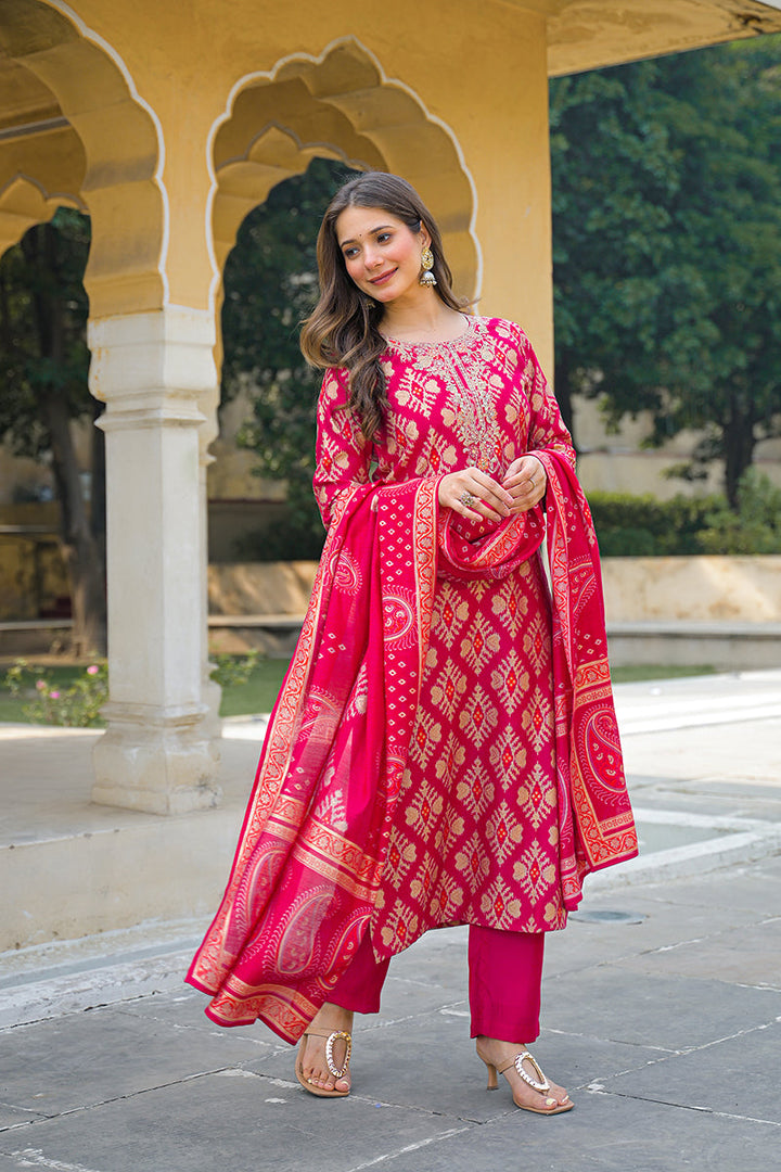 Pink Viscose Ikat Embroidered Straight Kurta Trousers With Dupatta | SHOBITAM