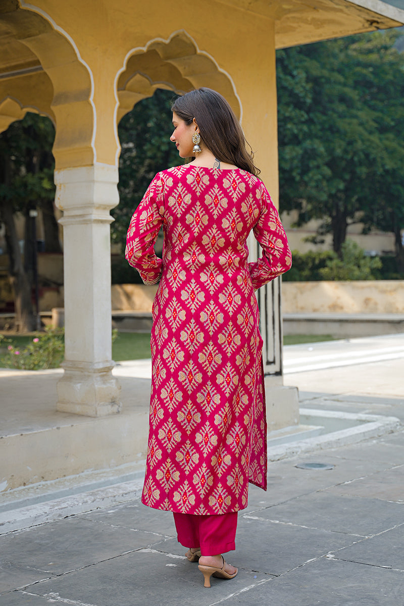 Pink Viscose Ikat Embroidered Straight Kurta Trousers With Dupatta | SHOBITAM