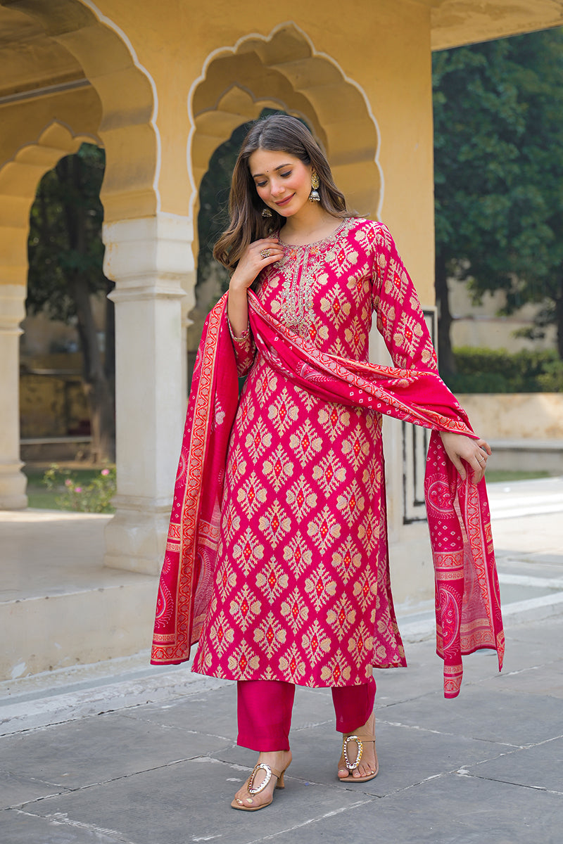Pink Viscose Ikat Embroidered Straight Kurta Trousers With Dupatta | SHOBITAM