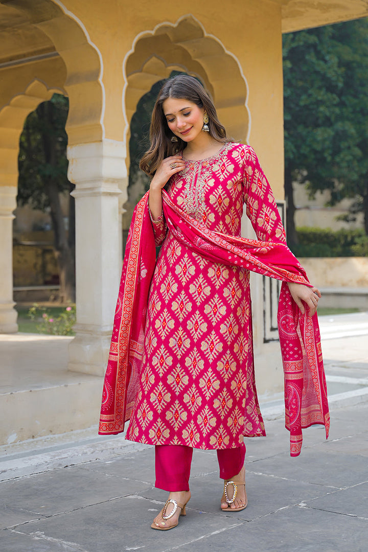 Pink Viscose Ikat Embroidered Straight Kurta Trousers With Dupatta | SHOBITAM