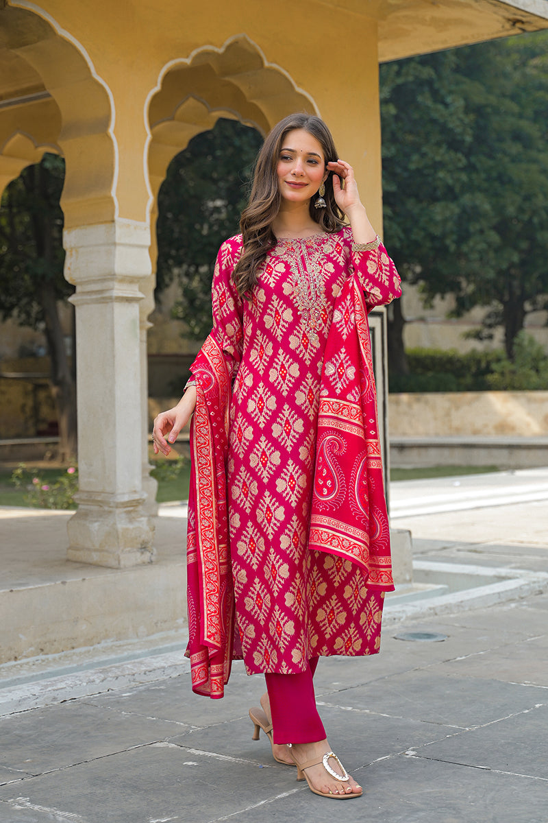 Pink Viscose Ikat Embroidered Straight Kurta Trousers With Dupatta | SHOBITAM