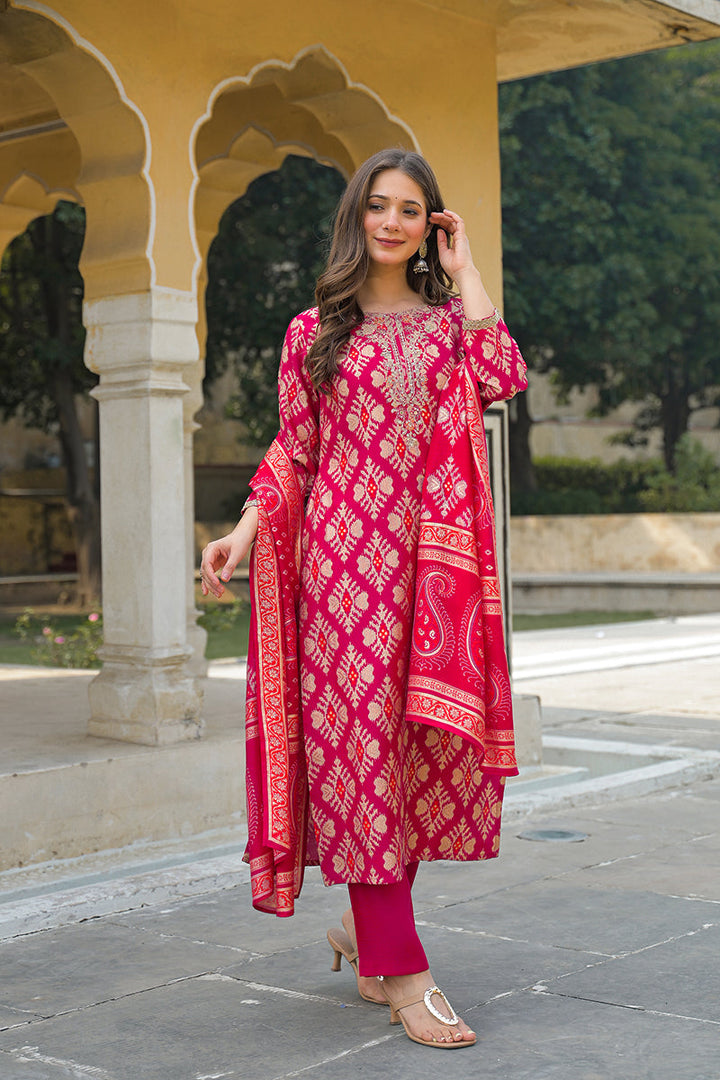Pink Viscose Ikat Embroidered Straight Kurta Trousers With Dupatta | SHOBITAM