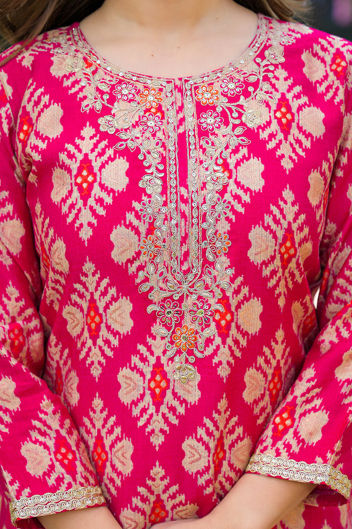Pink Viscose Ikat Embroidered Straight Kurta Trousers With Dupatta | SHOBITAM