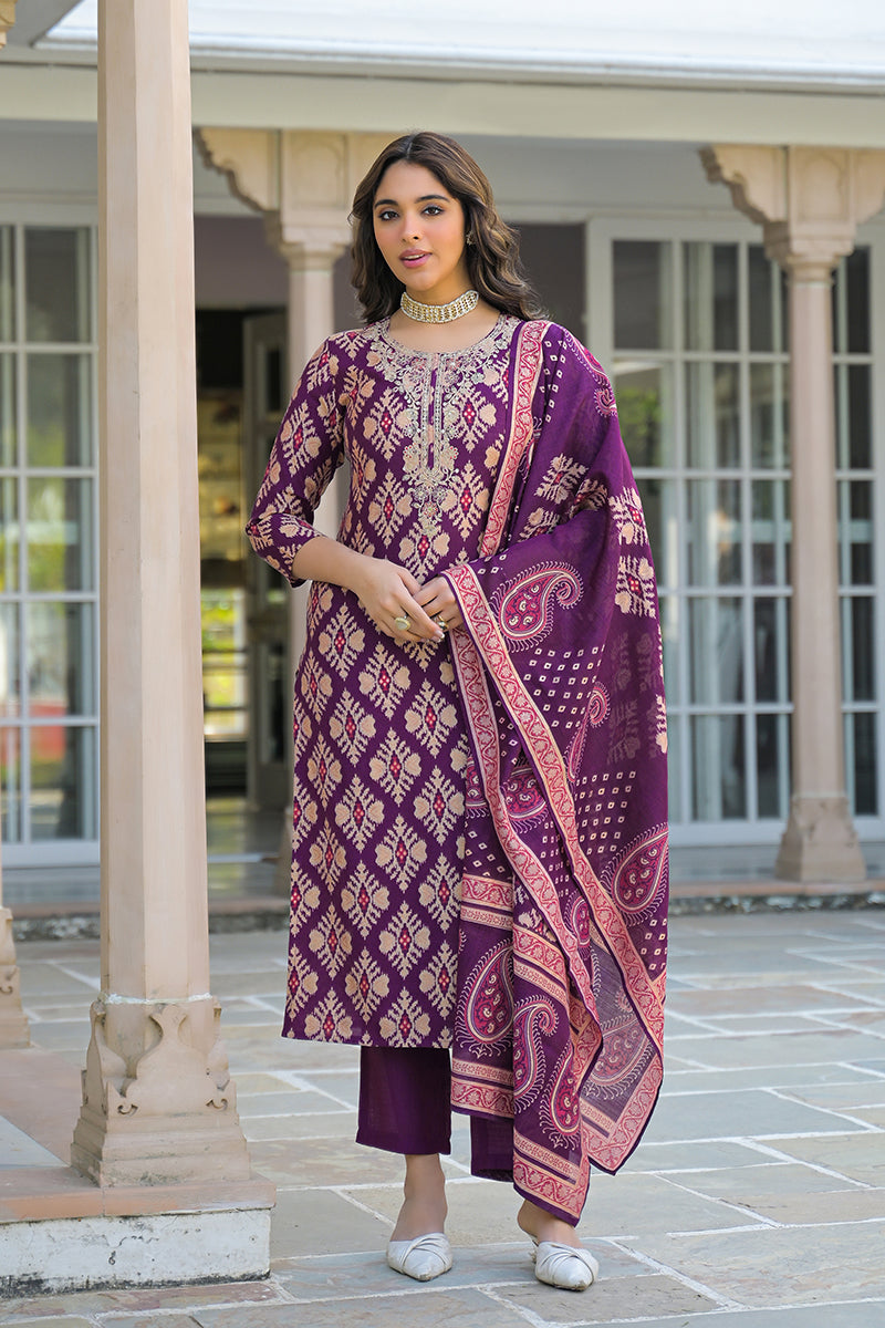 Purple Viscose Ikat Embroidered Straight Kurta Trousers With Dupatta | SHOBITAM