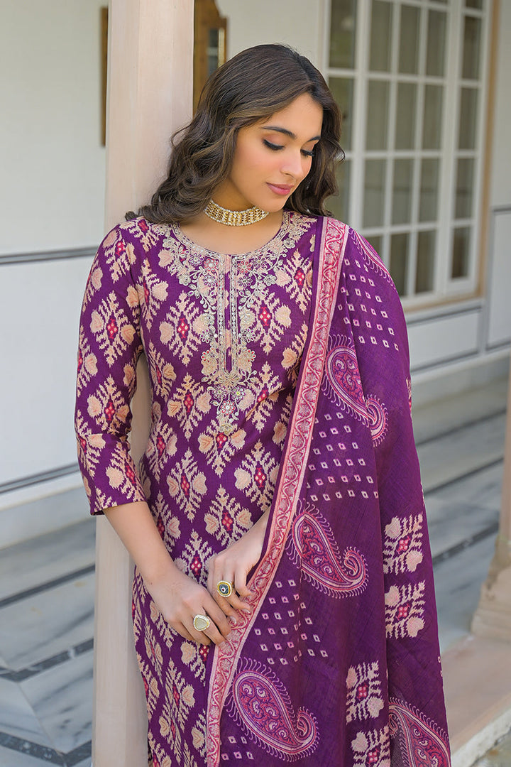 Purple Viscose Ikat Embroidered Straight Kurta Trousers With Dupatta | SHOBITAM