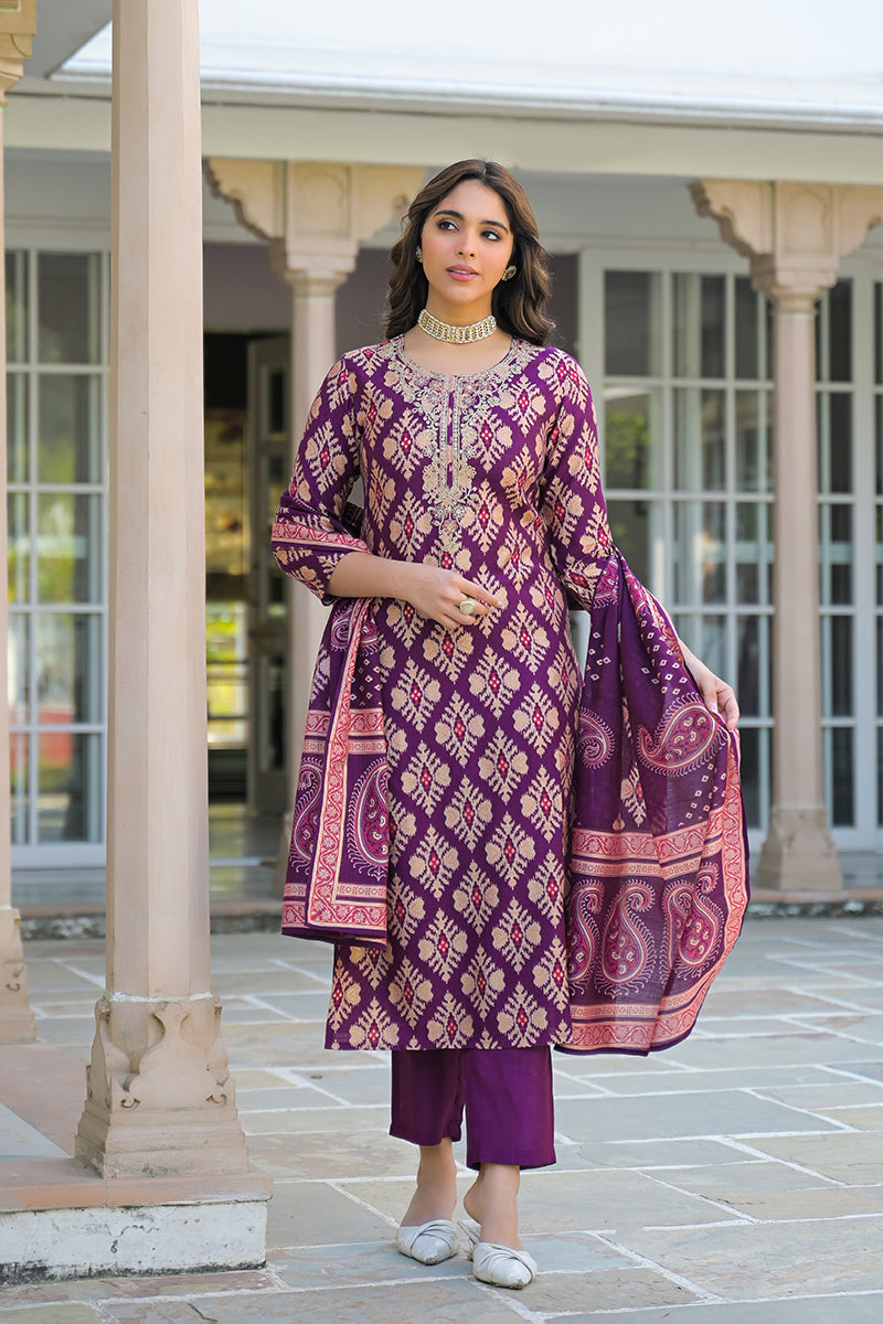 Purple Viscose Ikat Embroidered Straight Kurta Trousers With Dupatta | SHOBITAM