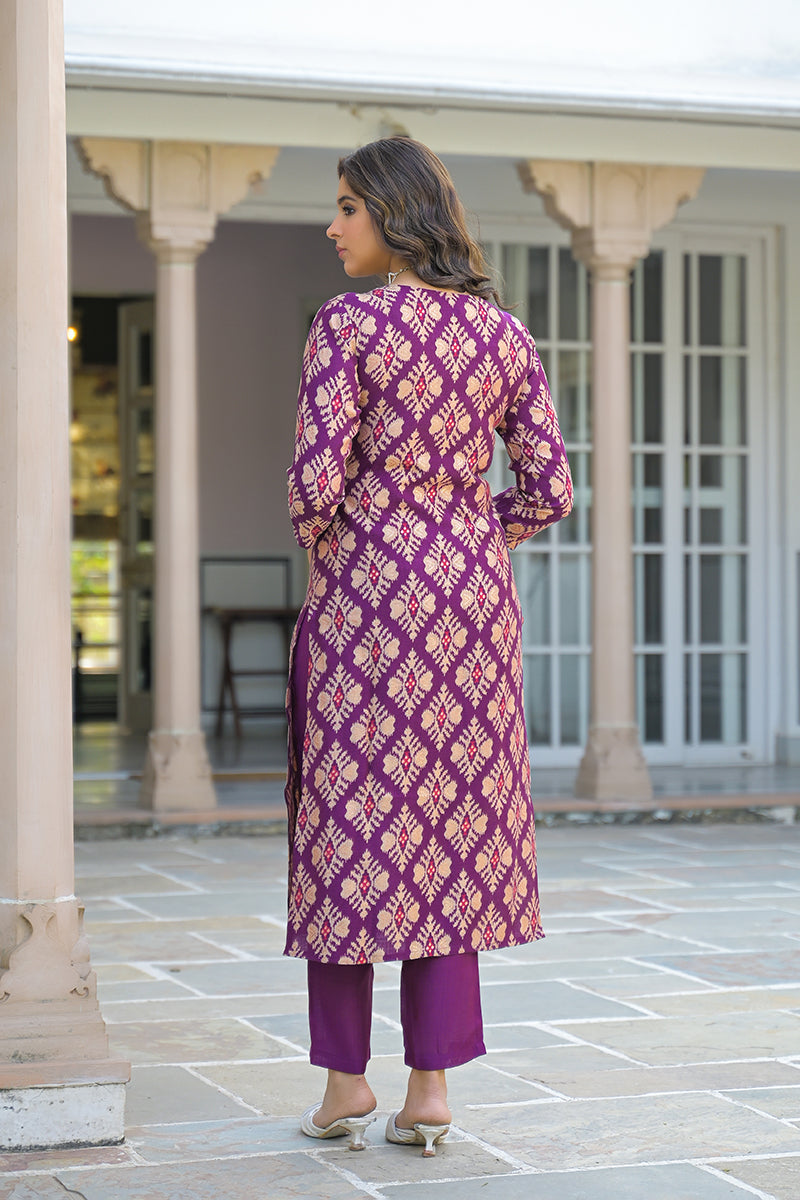 Purple Viscose Ikat Embroidered Straight Kurta Trousers With Dupatta | SHOBITAM
