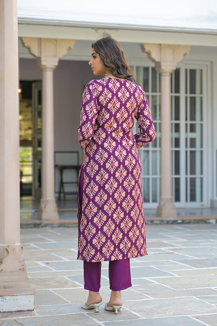Purple Viscose Ikat Embroidered Straight Kurta Trousers With Dupatta | SHOBITAM