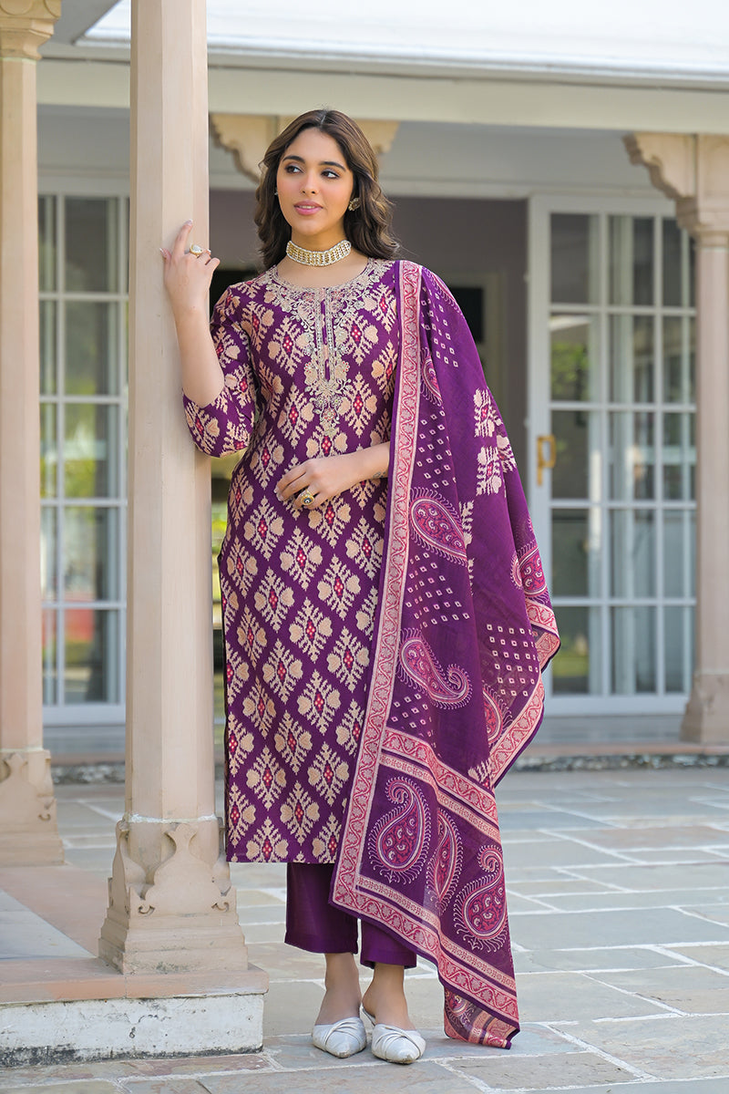 Purple Viscose Ikat Embroidered Straight Kurta Trousers With Dupatta | SHOBITAM