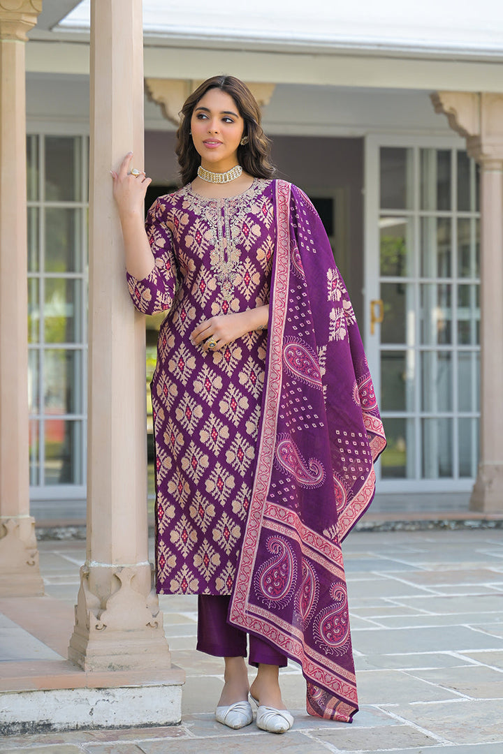 Purple Viscose Ikat Embroidered Straight Kurta Trousers With Dupatta | SHOBITAM