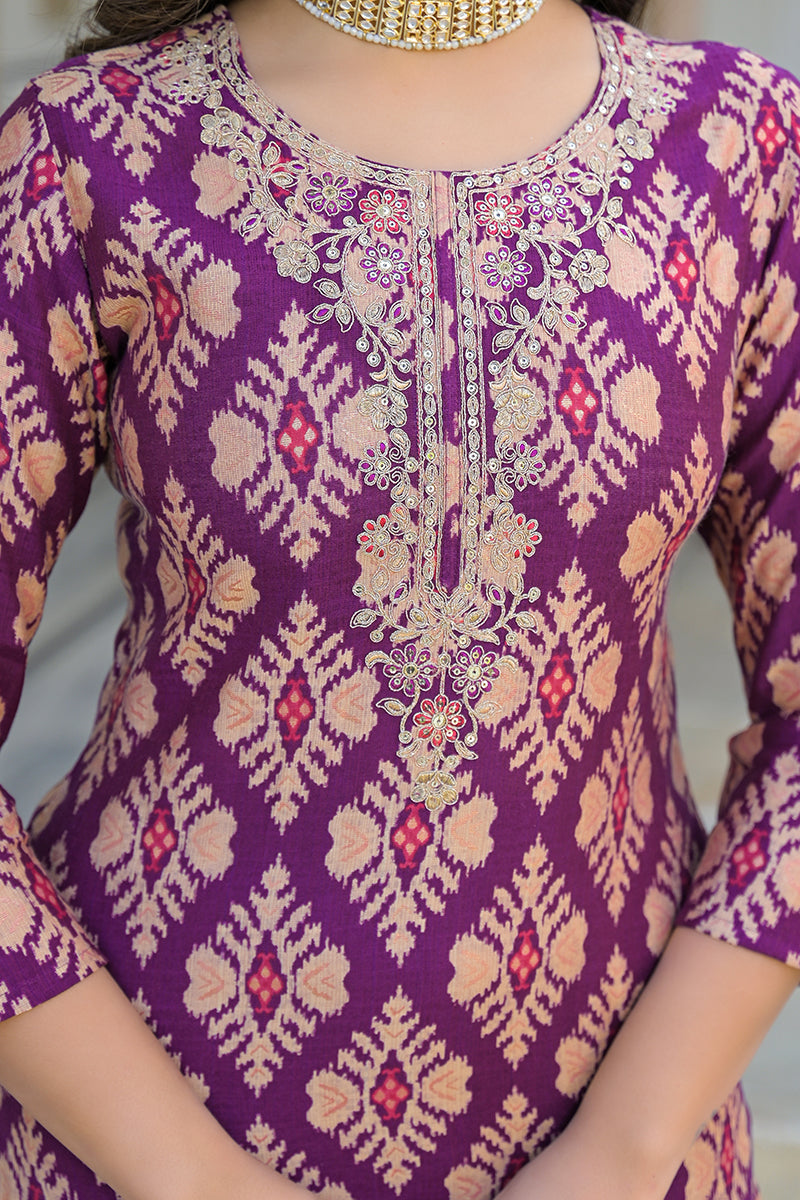 Purple Viscose Ikat Embroidered Straight Kurta Trousers With Dupatta | SHOBITAM