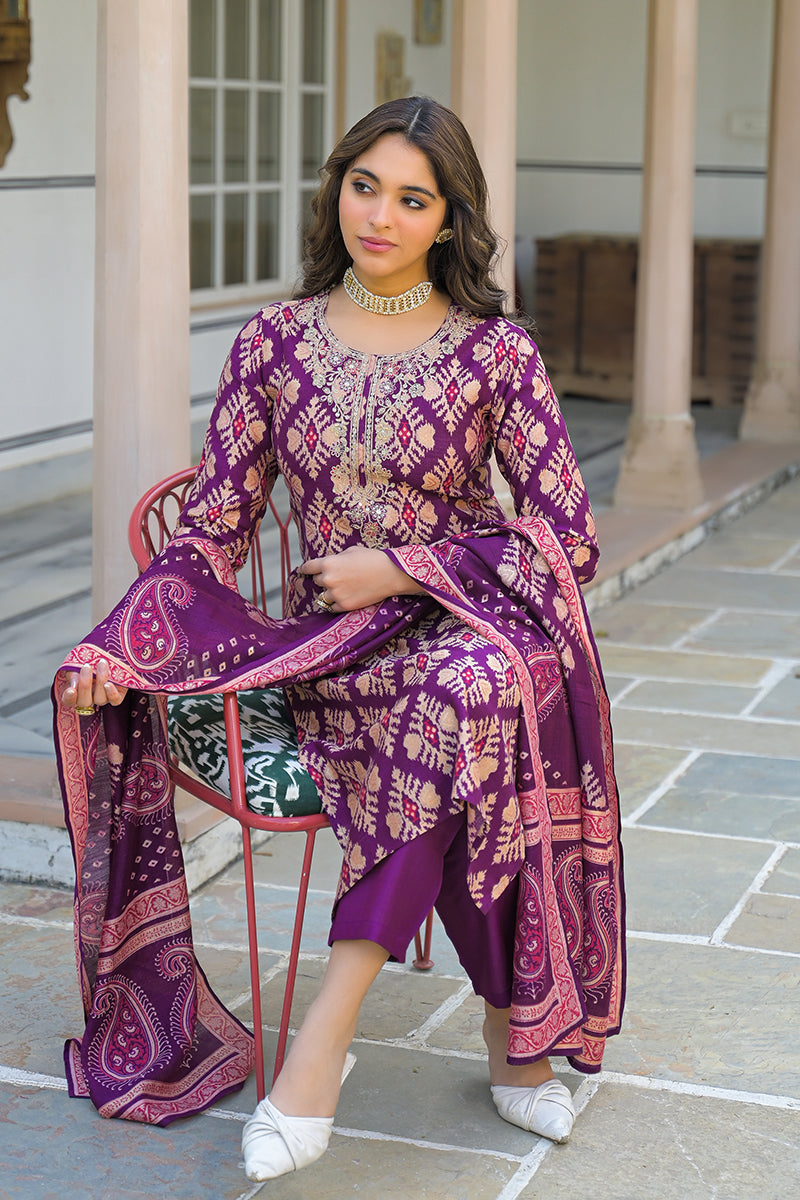Purple Viscose Ikat Embroidered Straight Kurta Trousers With Dupatta | SHOBITAM