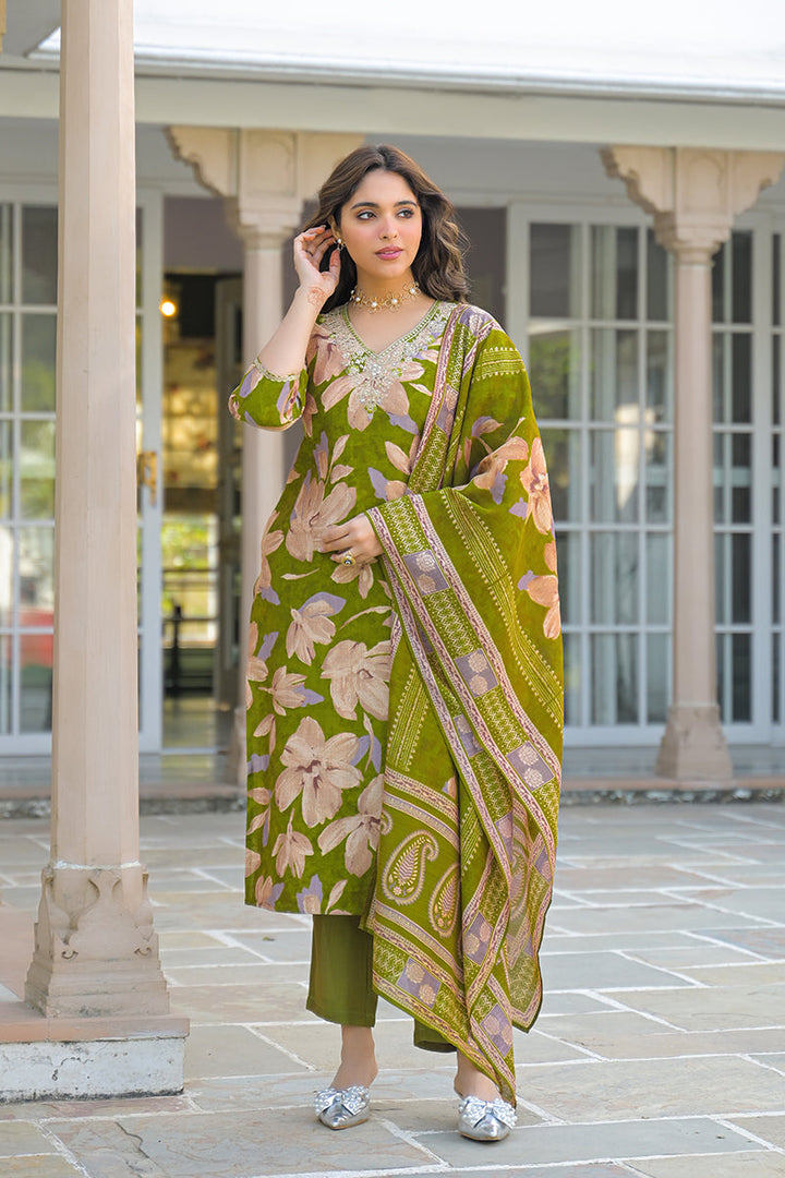 Green Viscose Floral Embroidered Straight Kurta Trousers With Dupatta | SHOBITAM