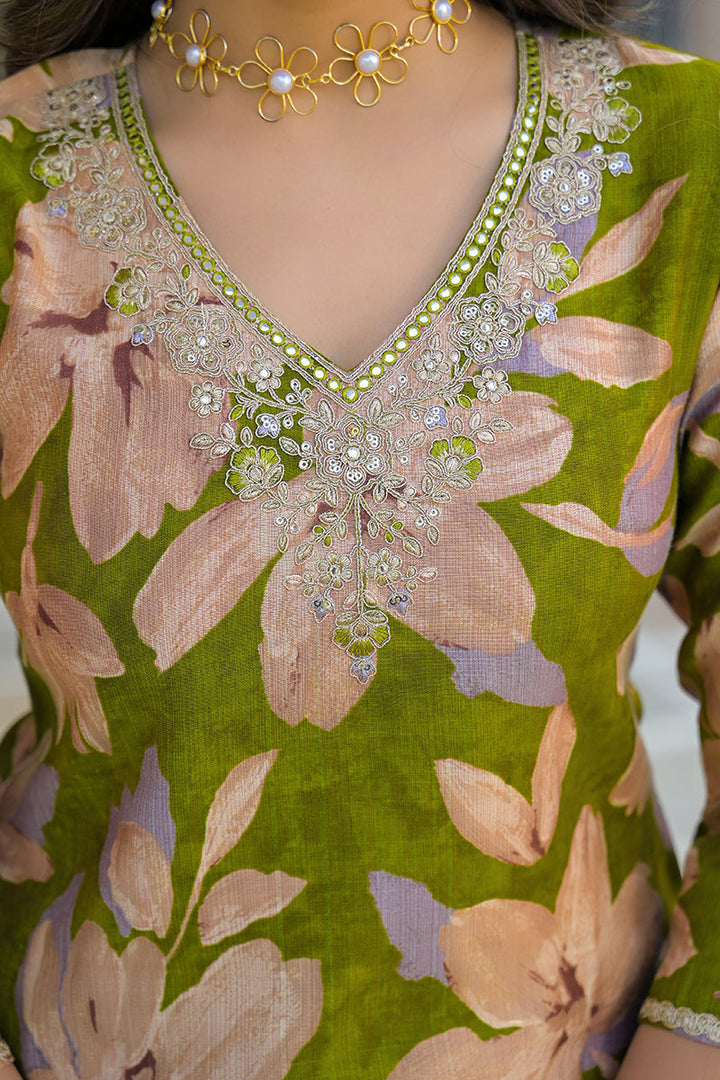 Green Viscose Floral Embroidered Straight Kurta Trousers With Dupatta | SHOBITAM