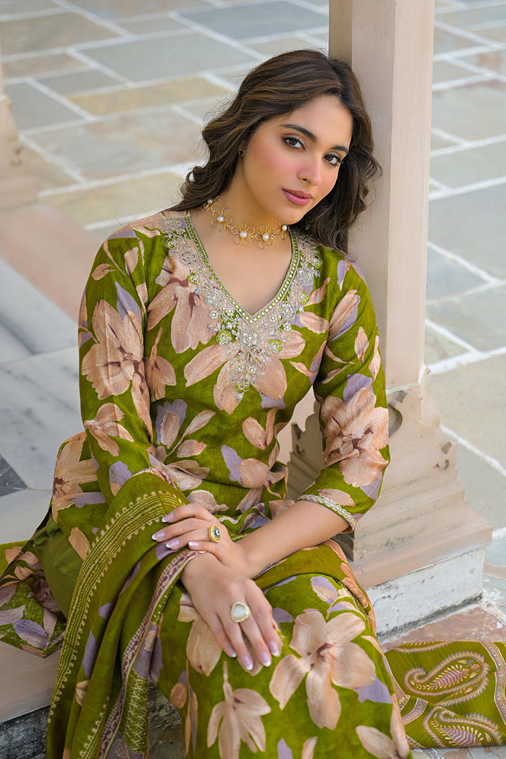 Green Viscose Floral Embroidered Straight Kurta Trousers With Dupatta | SHOBITAM